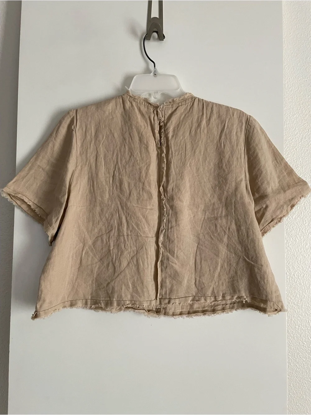 Magaschoni Pure Linen Cropped Short Sleeve Crew Neck Lined Shirt Top Tan NWT